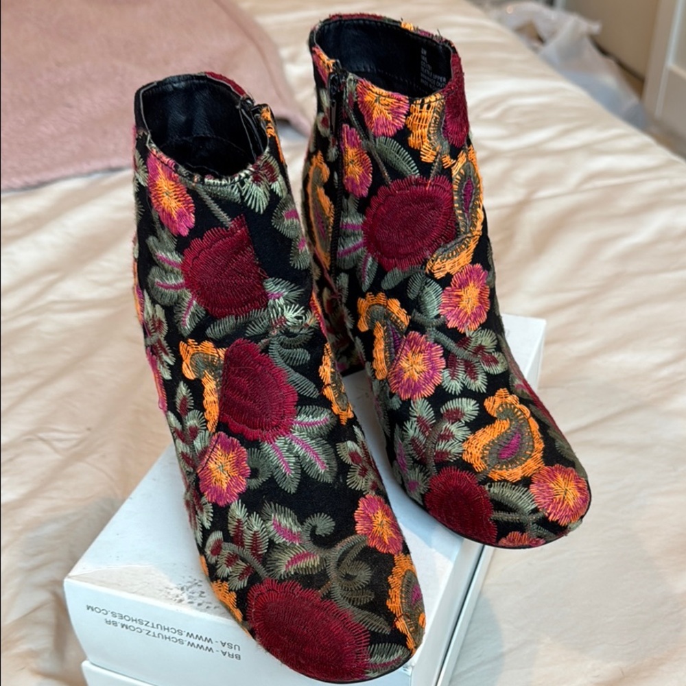 MIA Ankle Boots Red and Orange with Bold Floral Design